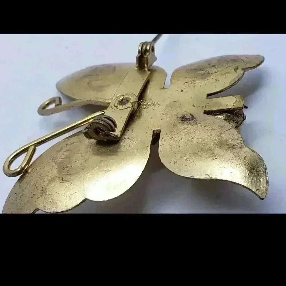 Vintage Signed CORO Butterfly Brooch Faux Pearl Body Boho Gold Toned Figural